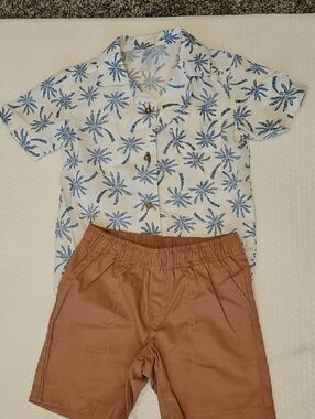 Carter's White and Blue Palm Print Shirt with Brown Shorts Set